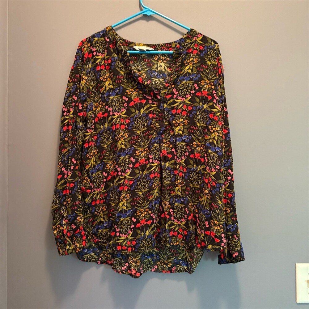 Old Navy Blouse Womens 2XL Black Multicolor Floral Long Sleeve Split Neck